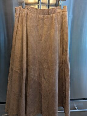 Vtg Toff's Brown Suede Lined Maxi Aline Zip Closure And Elastic Waist Sz14